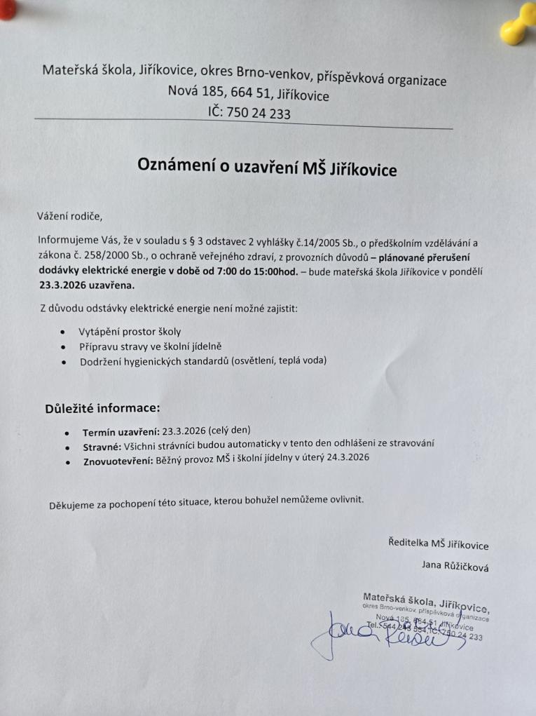 Oznámení o&nbsp;uzavření MŠ